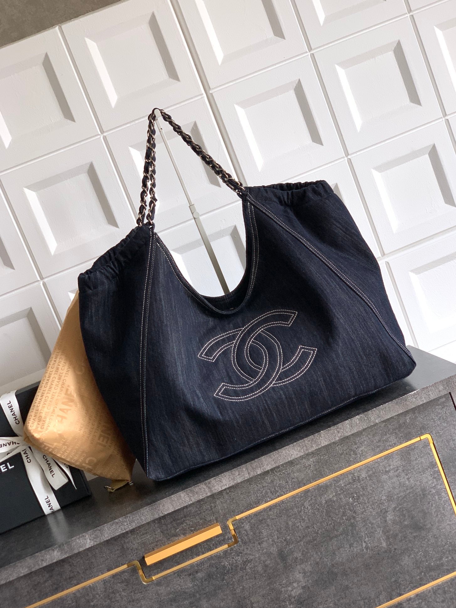Chanel Denim Tote Bag 45 Navy Blue