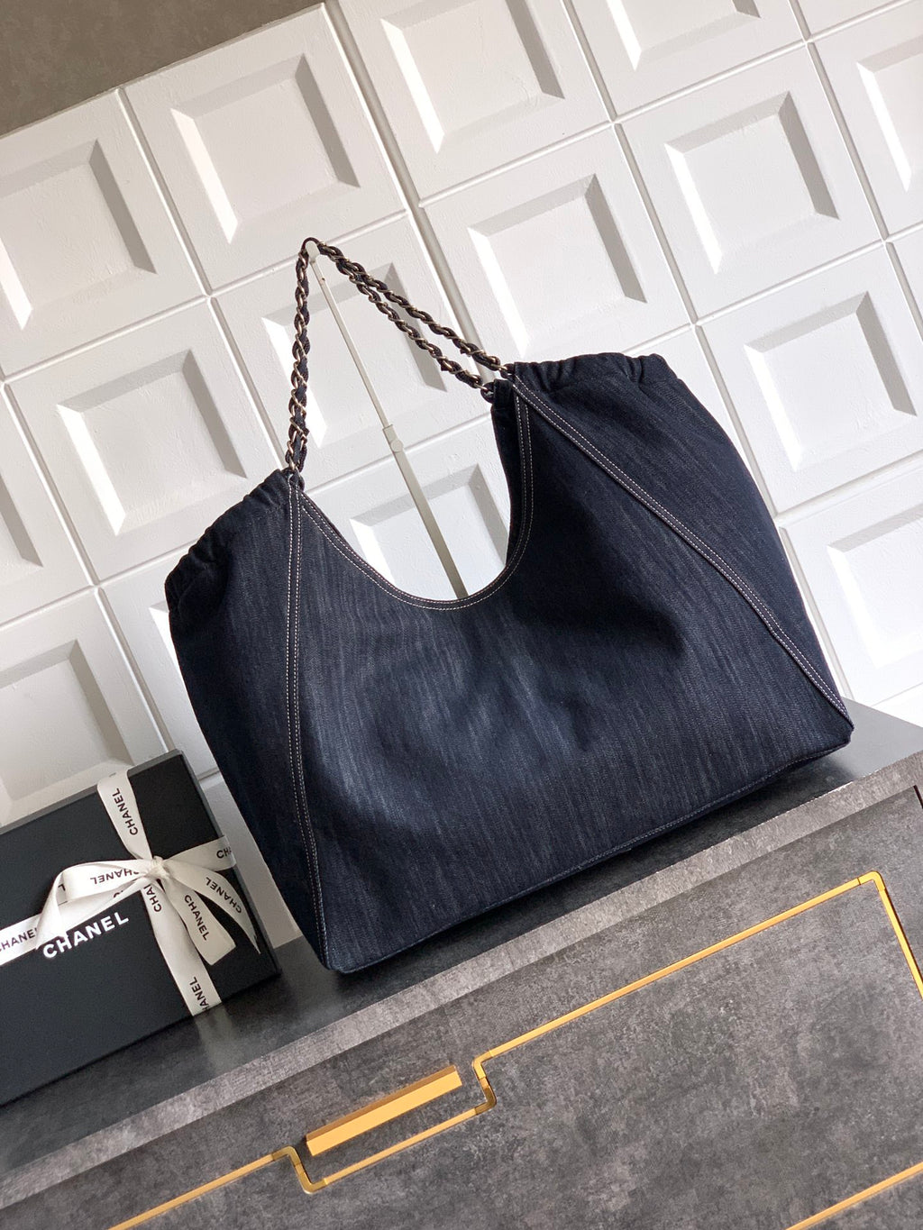 Chanel Denim Tote Bag 45 Navy Blue