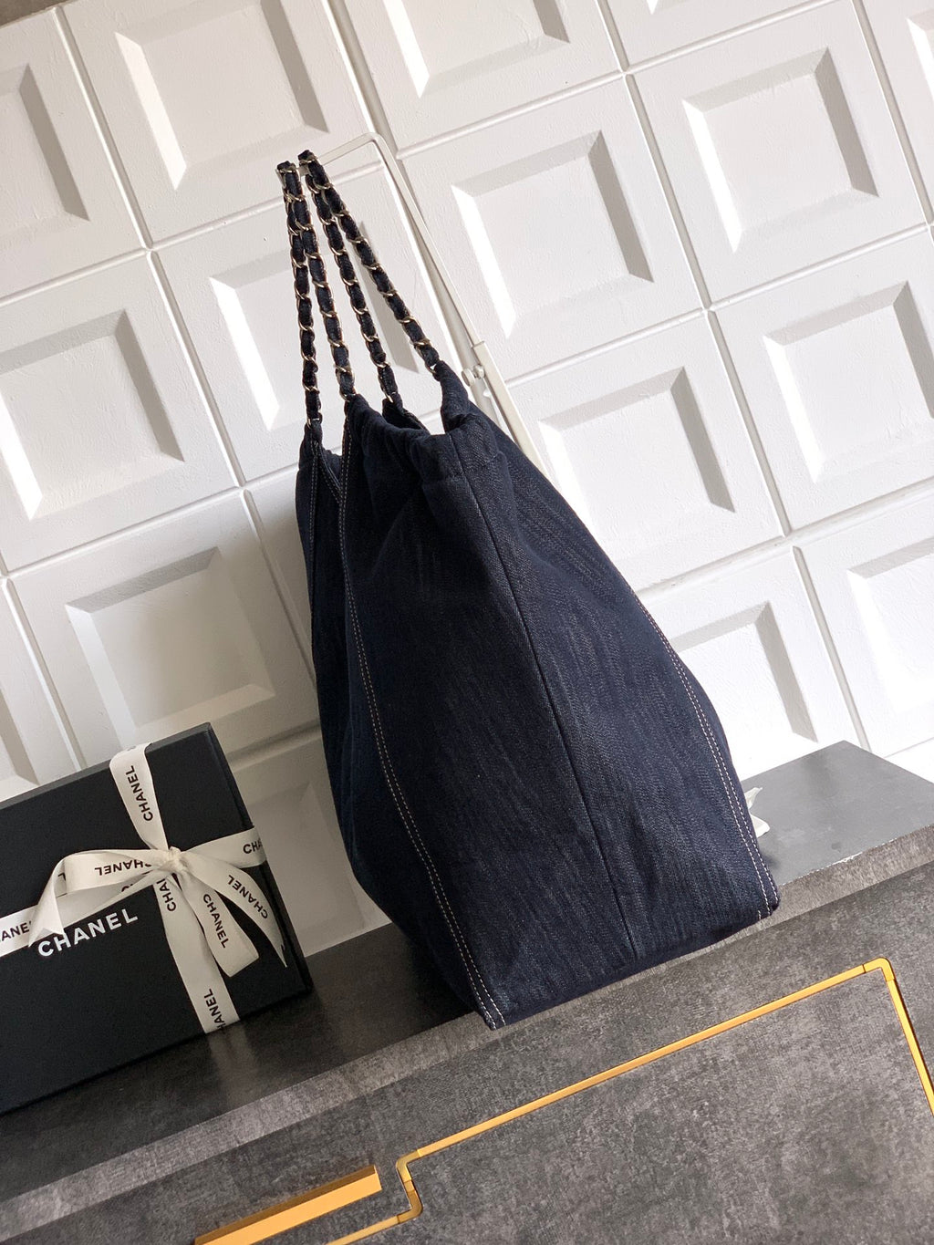 Chanel Denim Tote Bag 45 Navy Blue