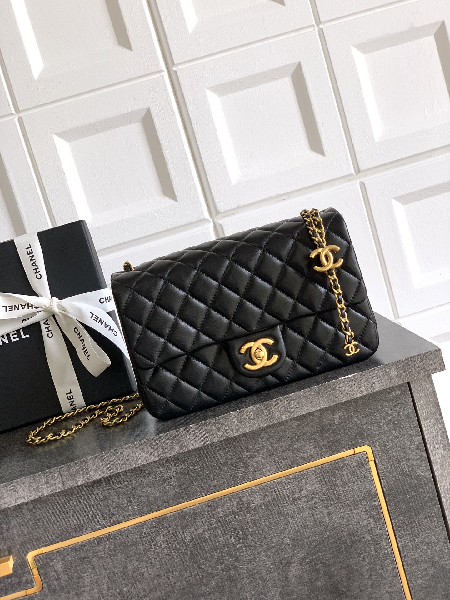 Chanel Classic Flap Large Black Gold Hardware CC Charm
