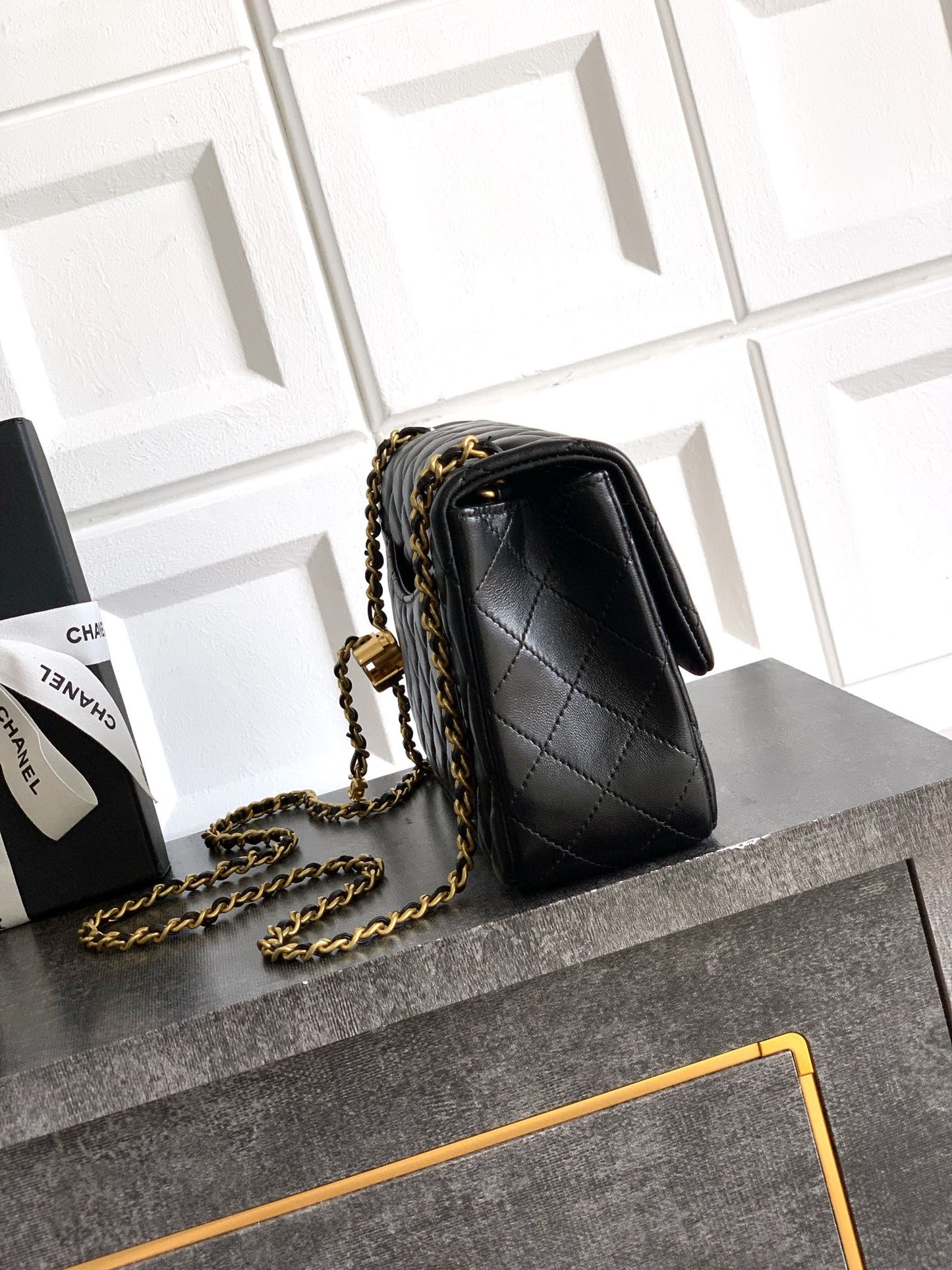 Chanel Classic Flap Large Black Gold Hardware CC Charm