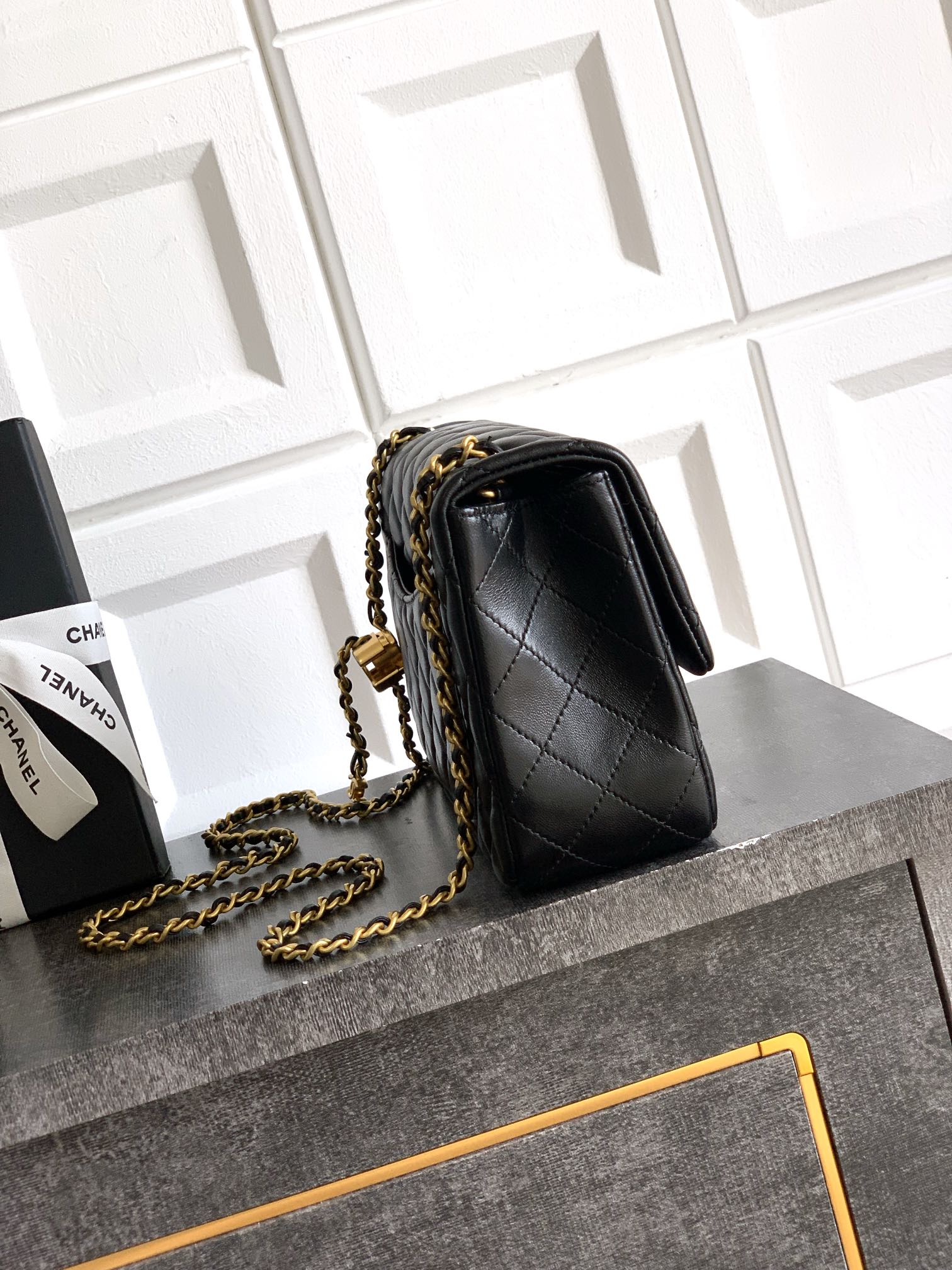 Chanel Classic Flap Large Black Gold Hardware CC Charm