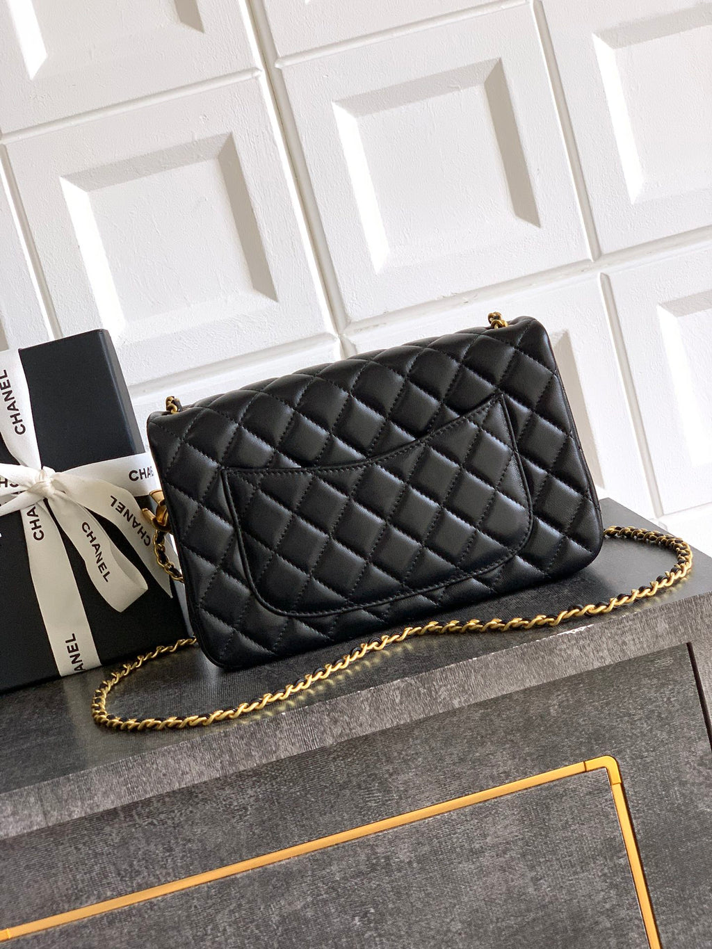 Chanel Classic Flap Large Black Gold Hardware CC Charm