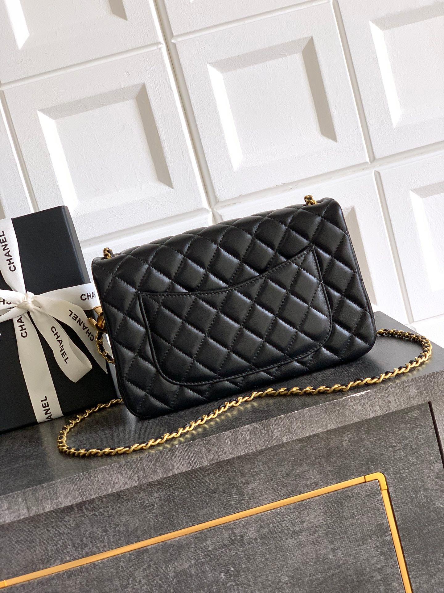 Chanel Classic Flap Large Black Gold Hardware CC Charm