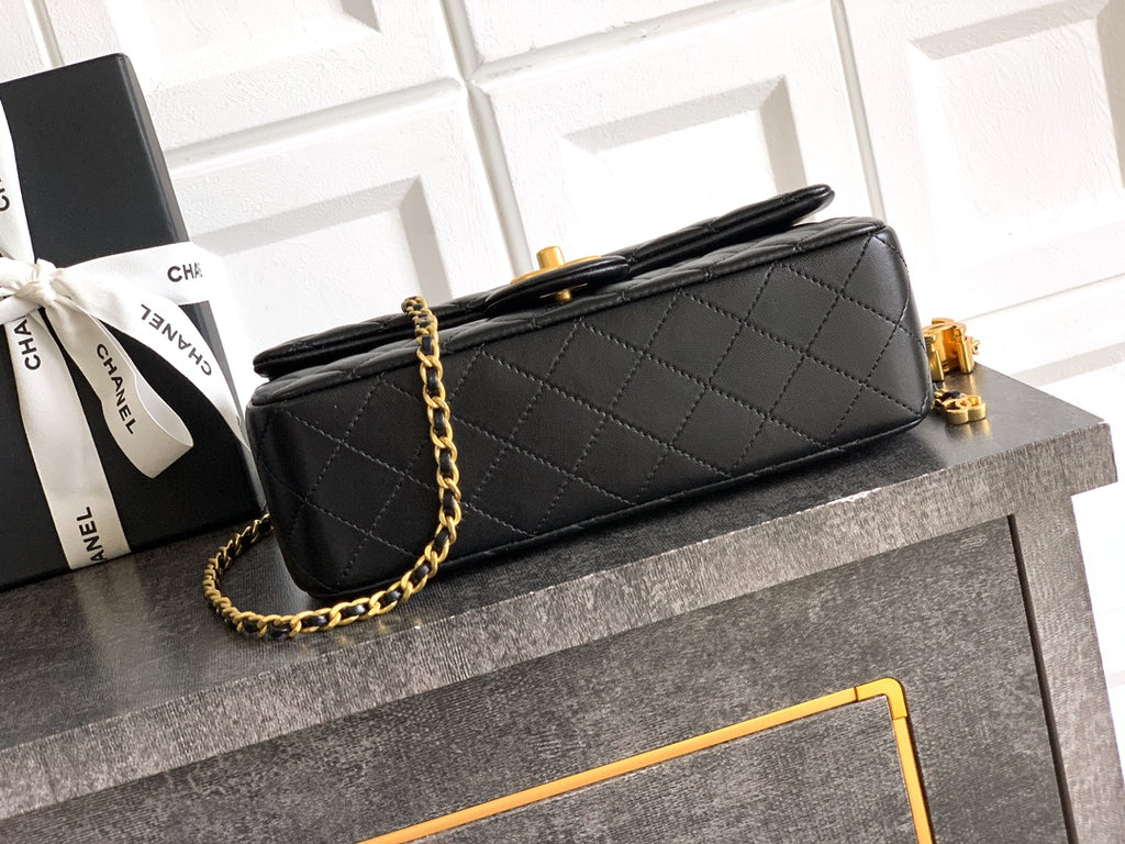 Chanel Classic Flap Large Black Gold Hardware CC Charm