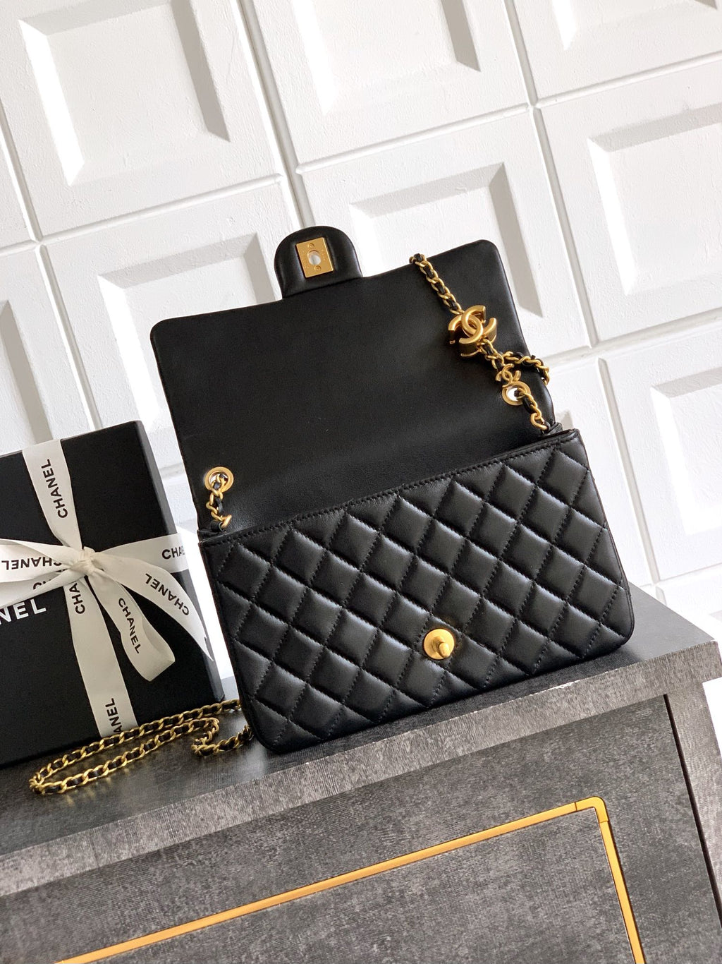 Chanel Classic Flap Large Black Gold Hardware CC Charm