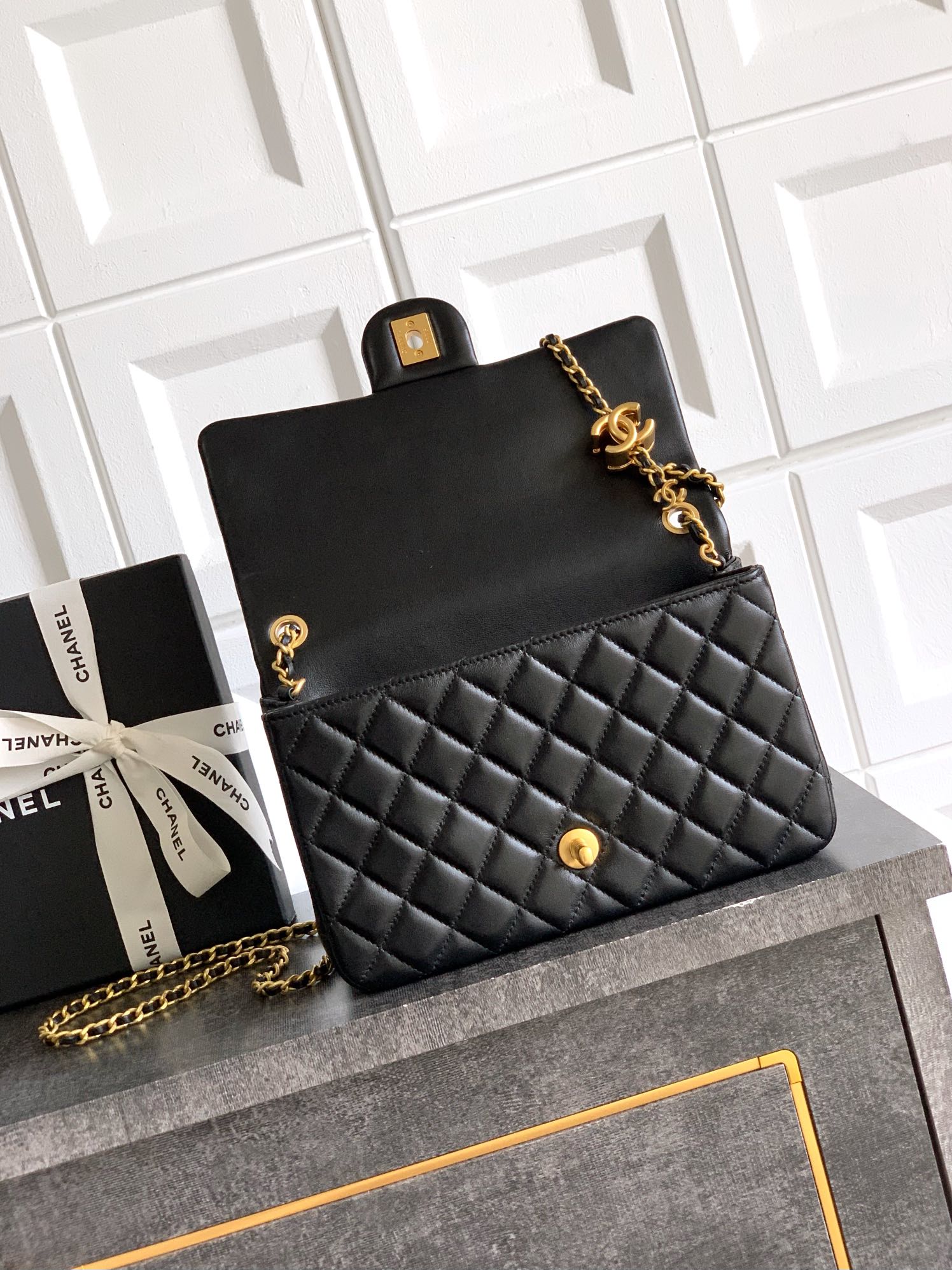 Chanel Classic Flap Large Black Gold Hardware CC Charm