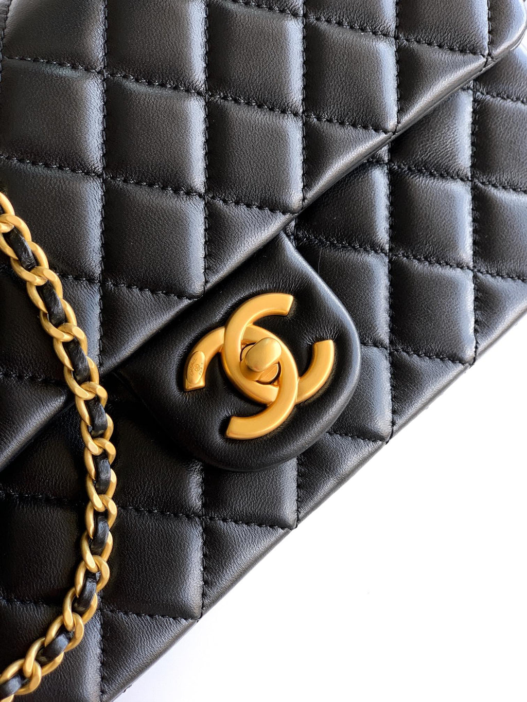 Chanel Classic Flap Large Black Gold Hardware CC Charm