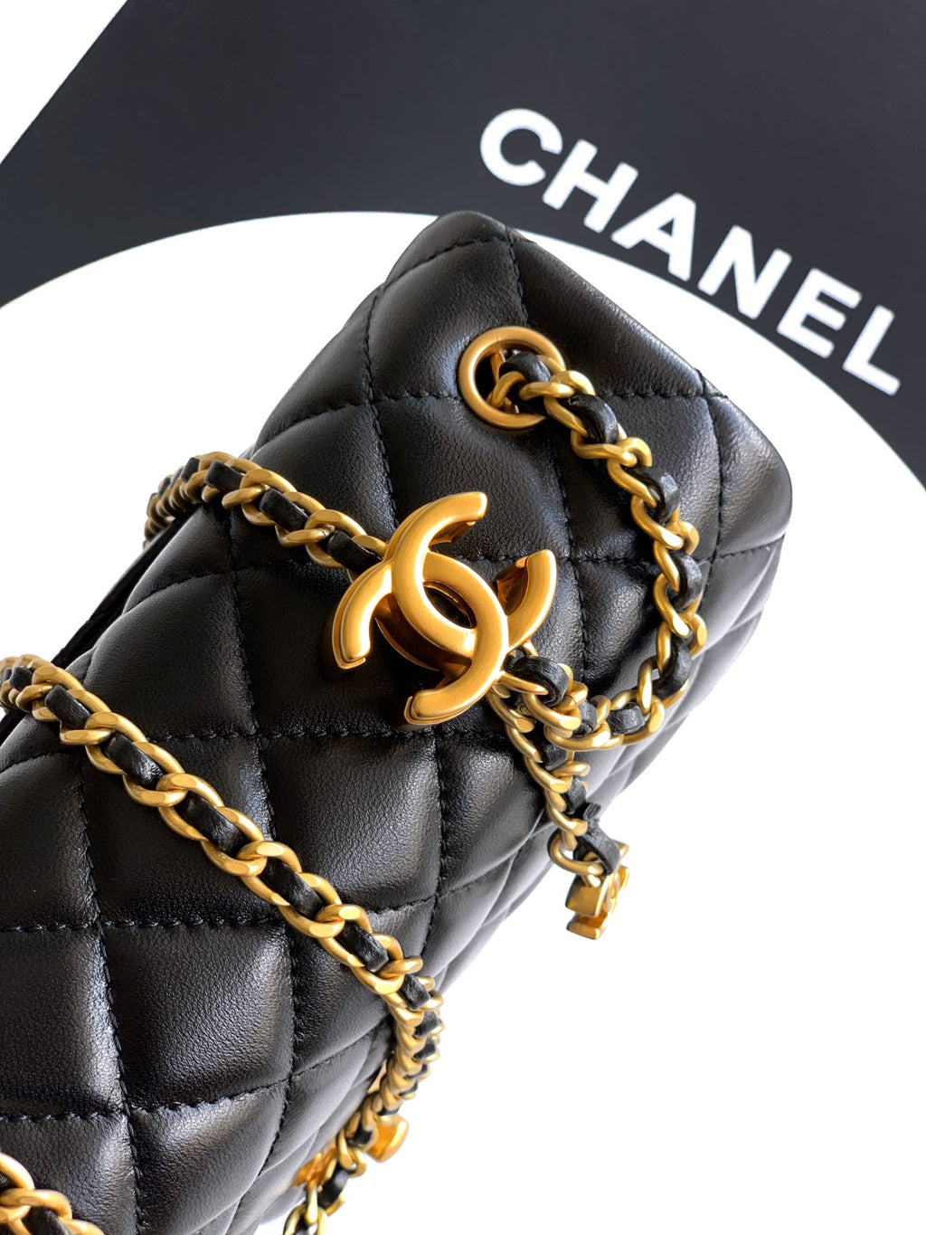 Chanel Classic Flap Large Black Gold Hardware CC Charm