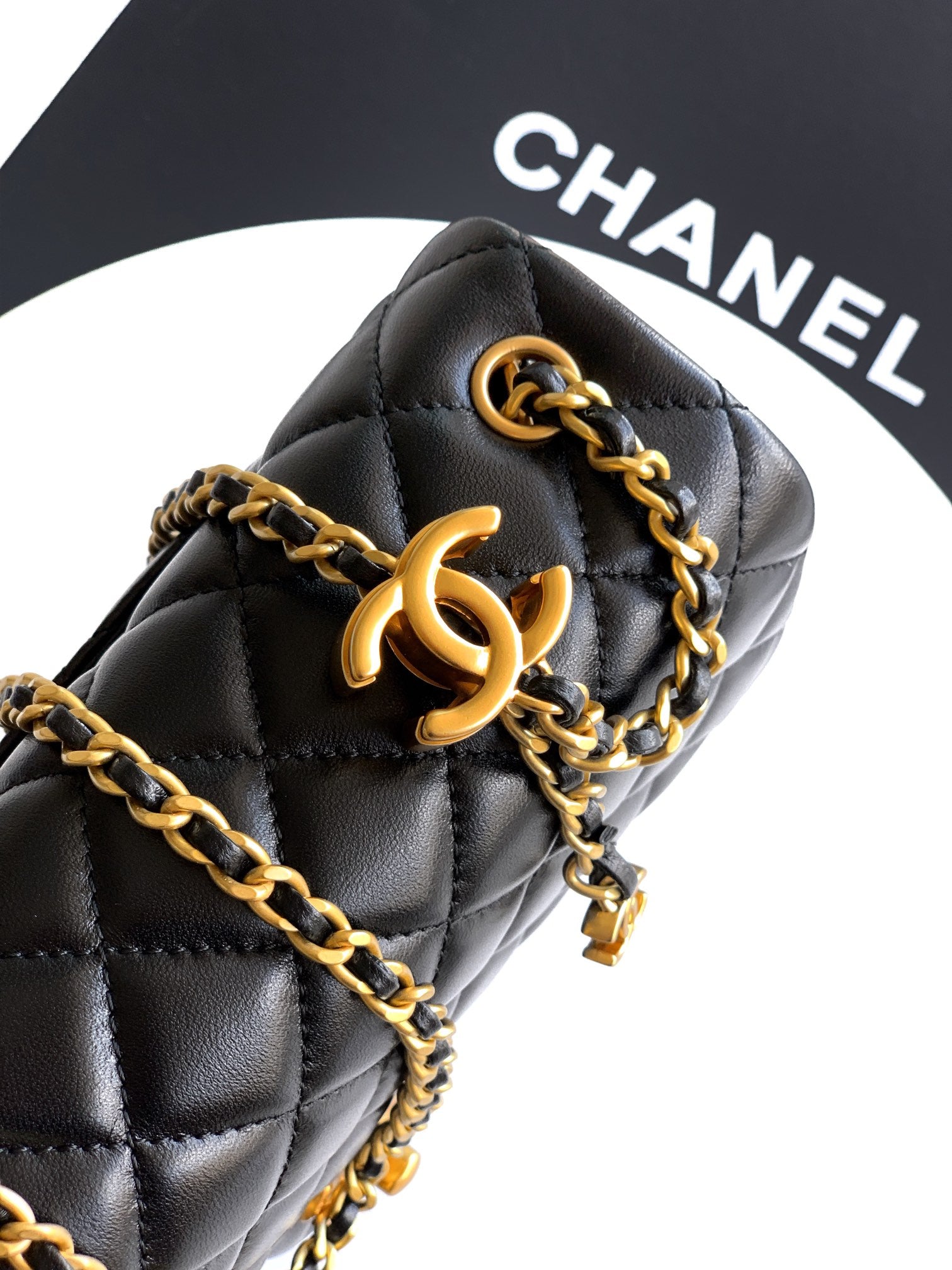 Chanel Classic Flap Large Black Gold Hardware CC Charm