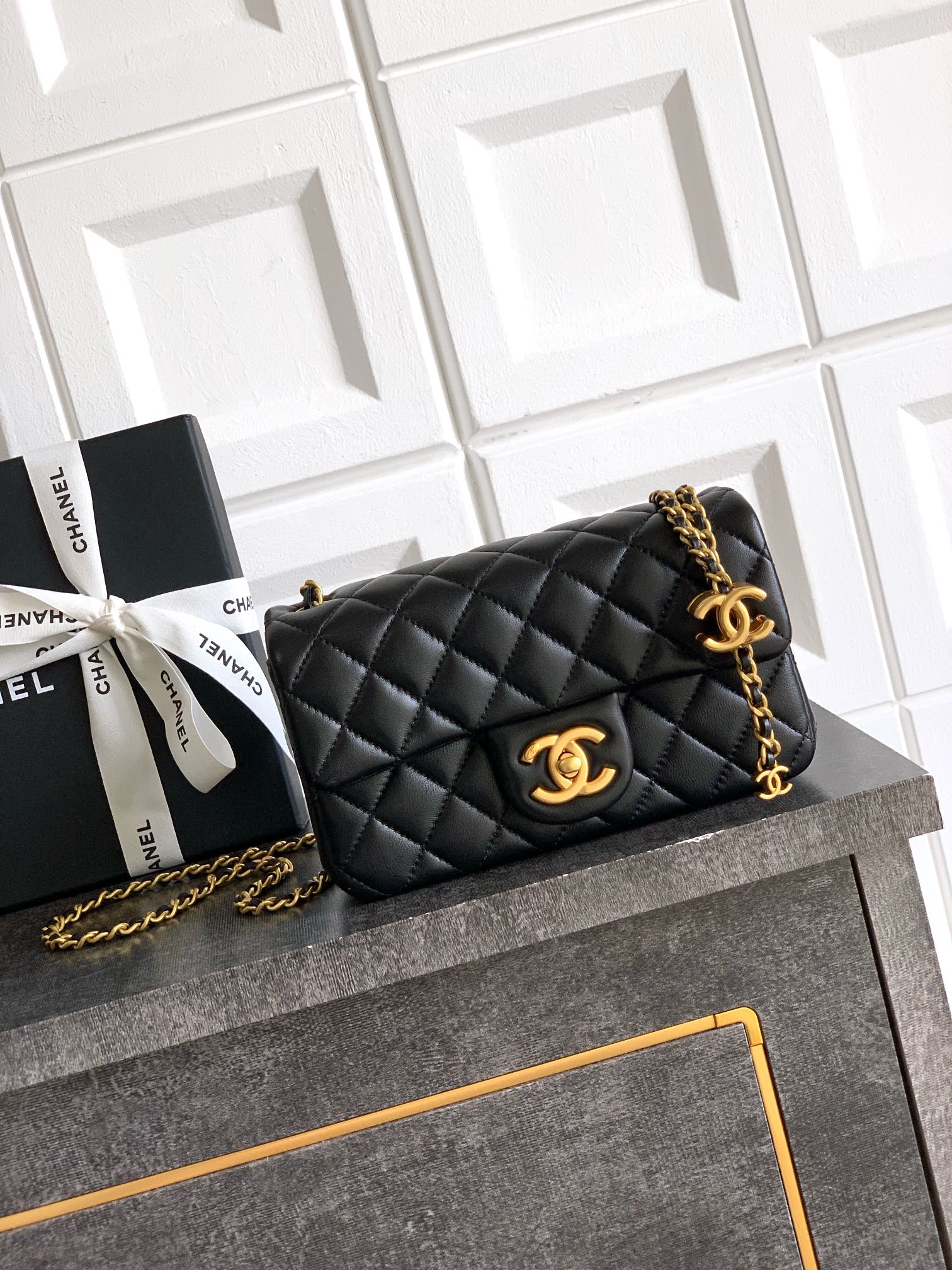 Chanel Classic Flap Medium Black Gold Hardware CC Charm