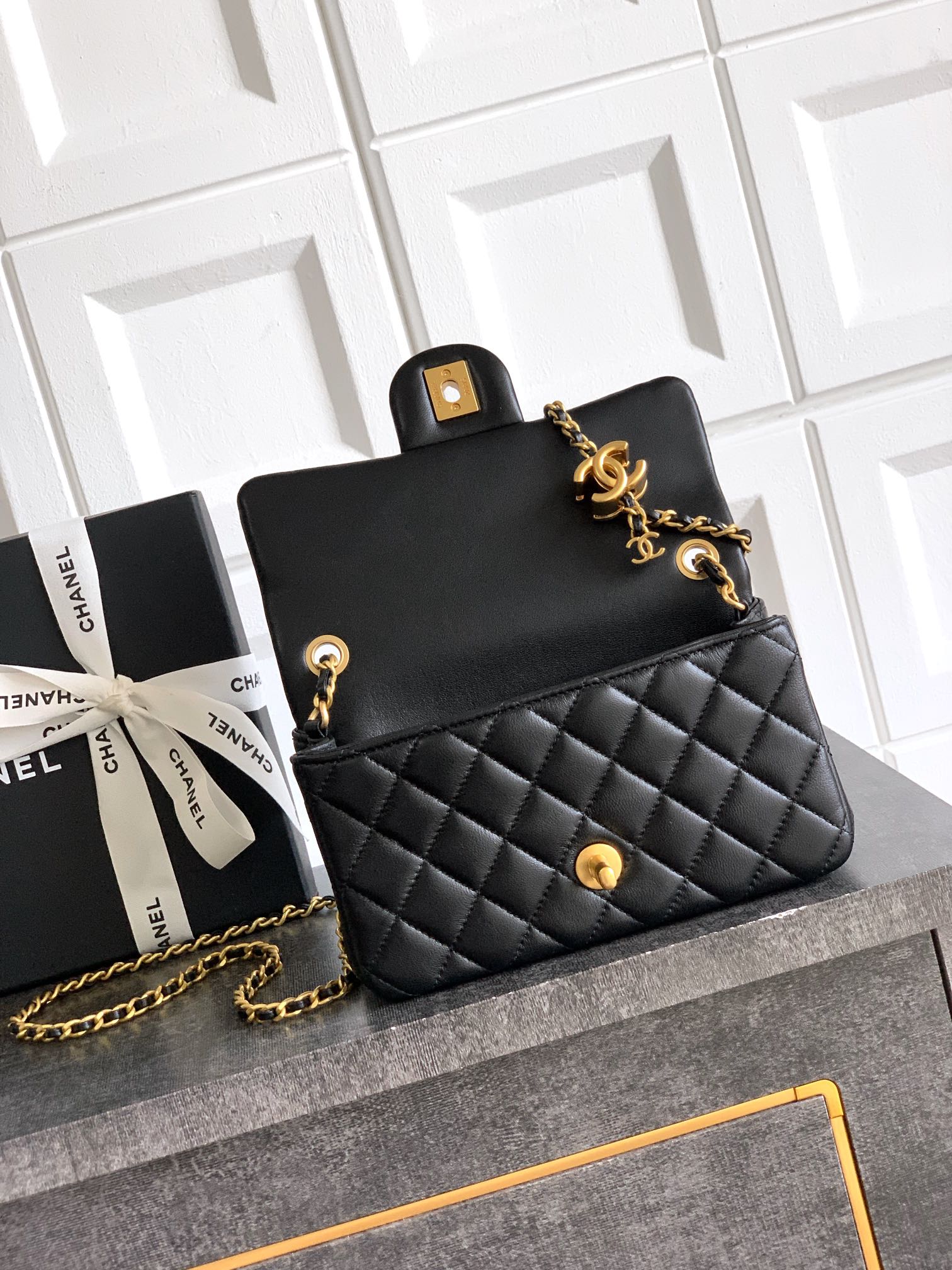 Chanel Classic Flap Medium Black Gold Hardware CC Charm