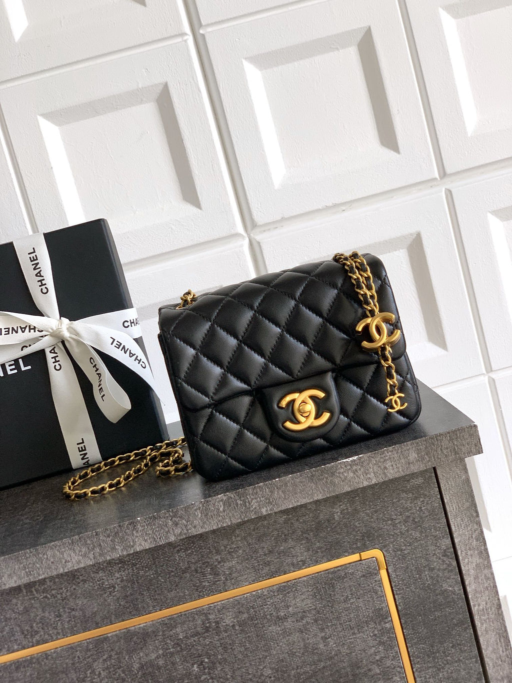Chanel Classic Flap Small Black Gold Hardware CC Charm