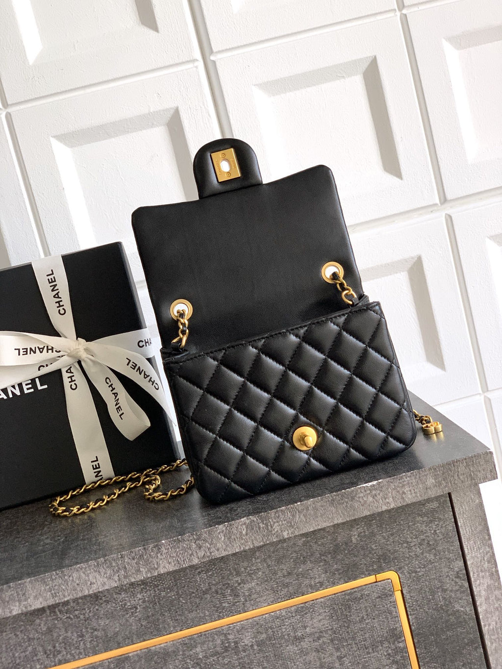 Chanel Classic Flap Small Black Gold Hardware CC Charm