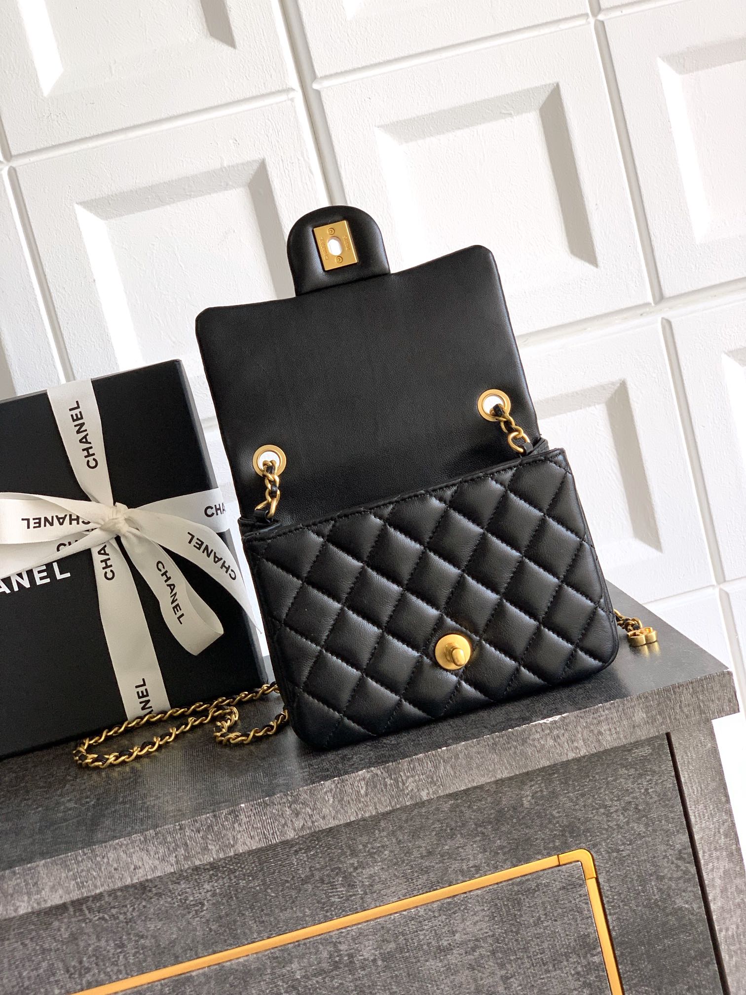 Chanel Classic Flap Small Black Gold Hardware CC Charm