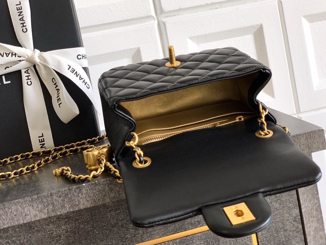 Chanel Classic Flap Small Black Gold Hardware CC Charm