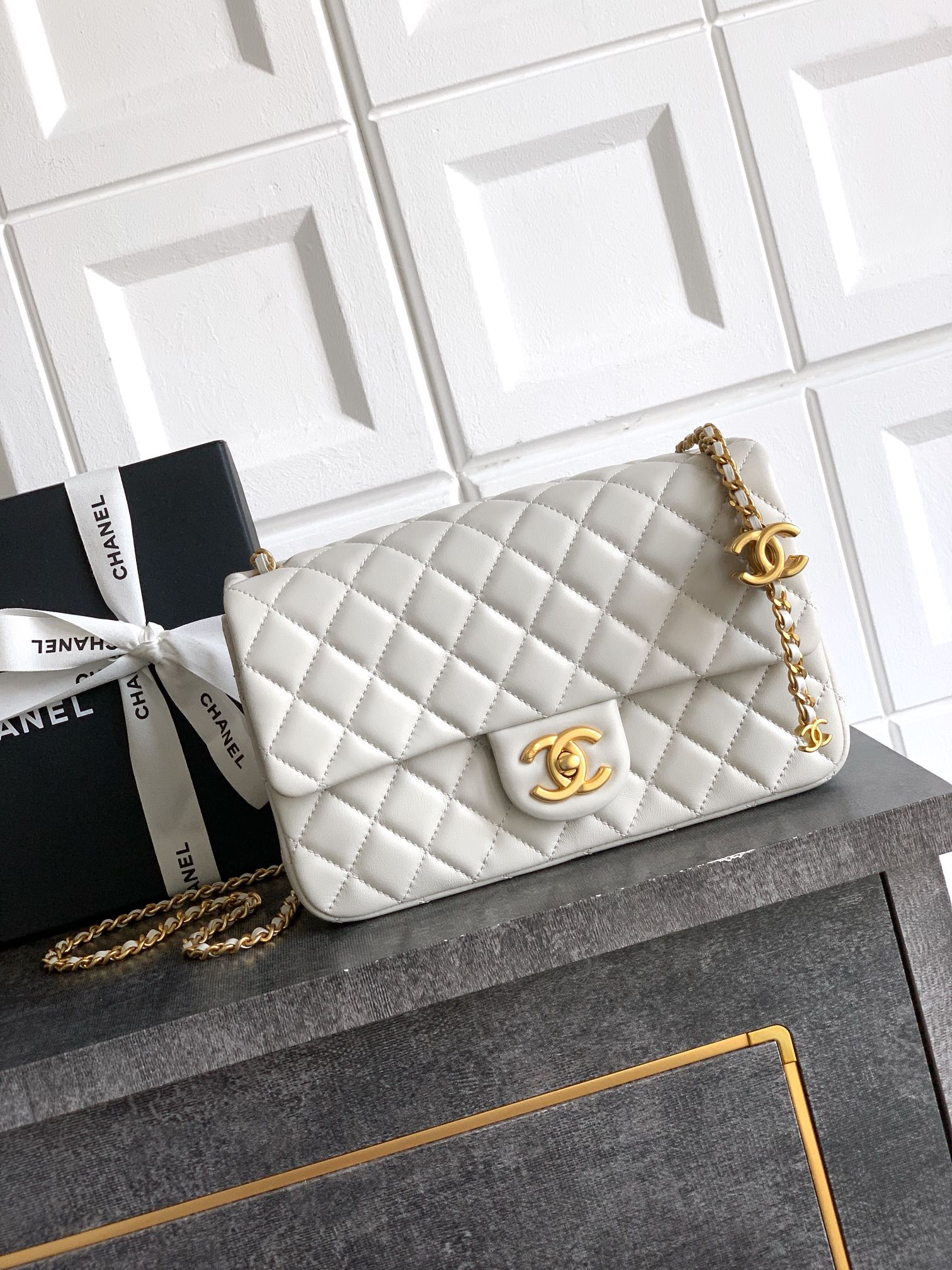 Chanel Classic Flap Large White Gold Hardware CC Charm