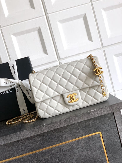 Chanel Classic Flap Large White Gold Hardware CC Charm