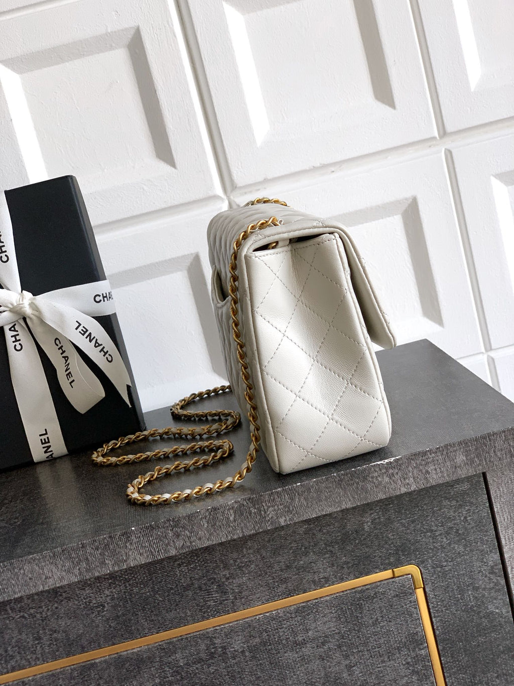 Chanel Classic Flap Large White Gold Hardware CC Charm