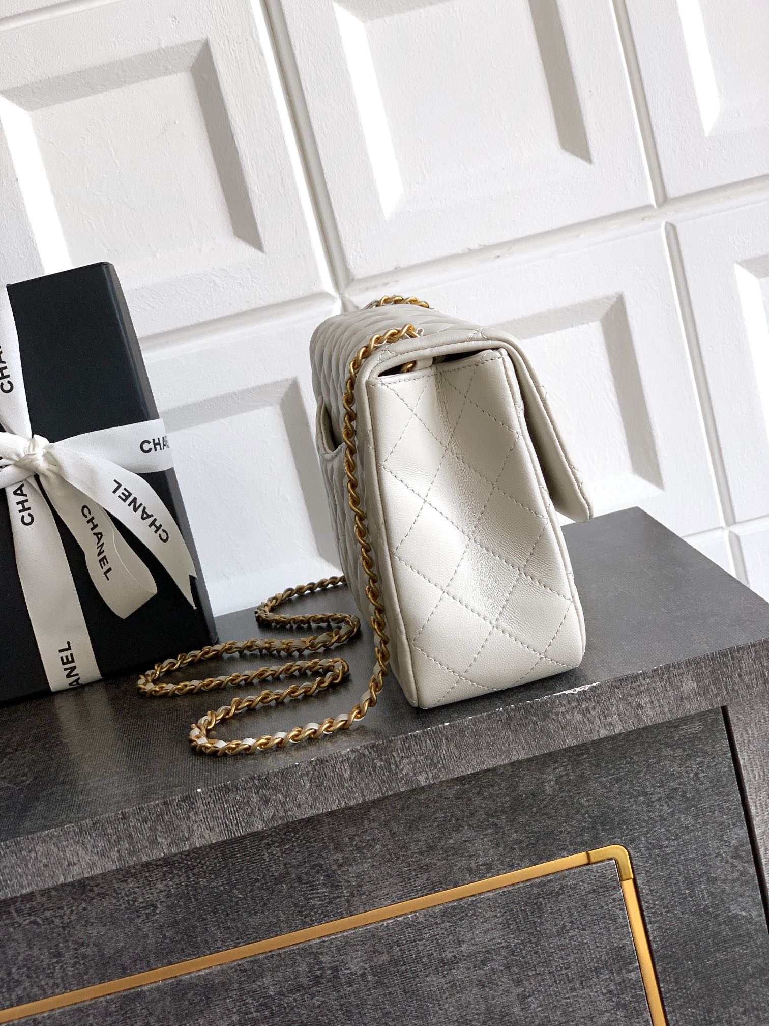 Chanel Classic Flap Large White Gold Hardware CC Charm