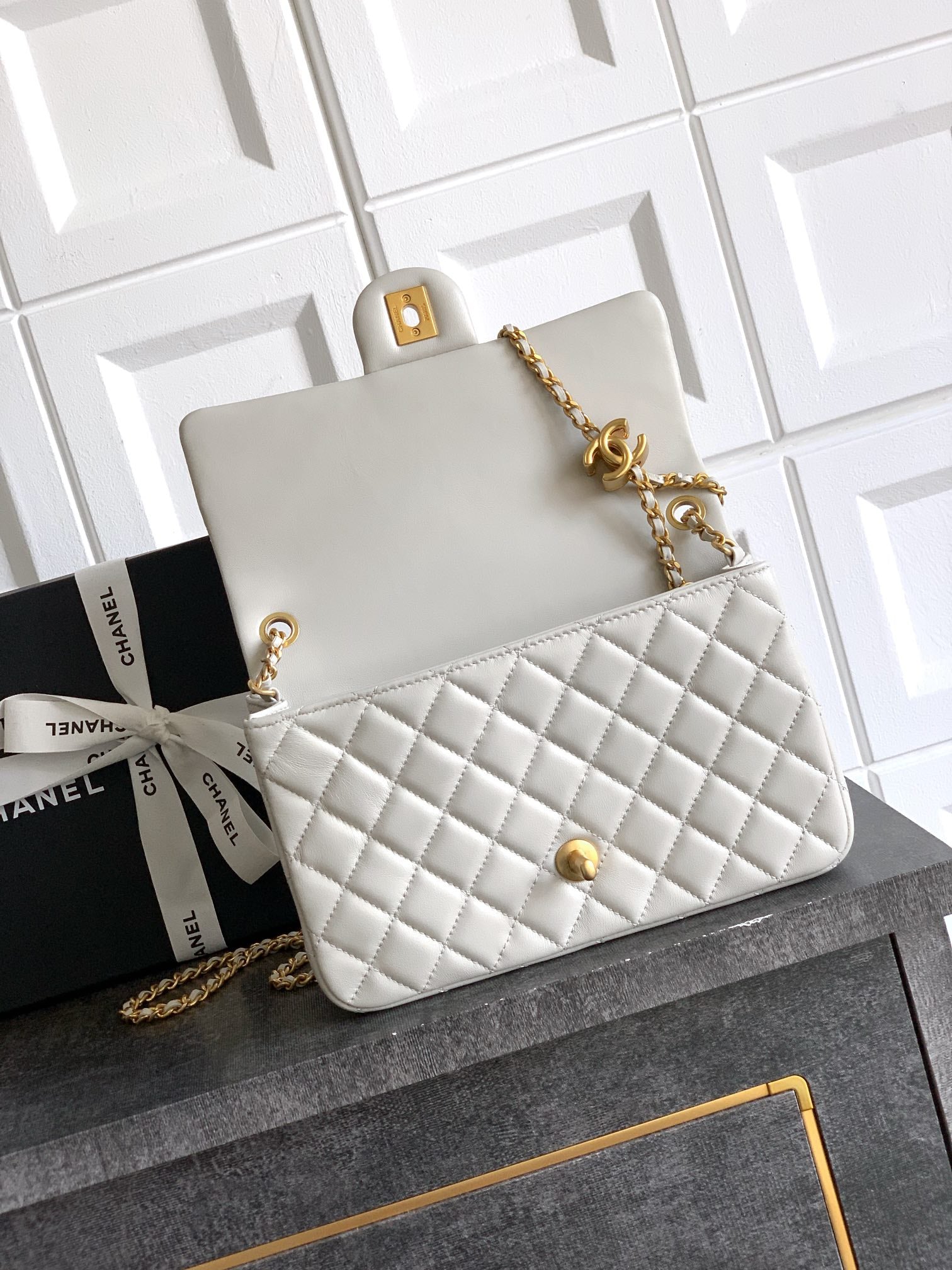 Chanel Classic Flap Large White Gold Hardware CC Charm