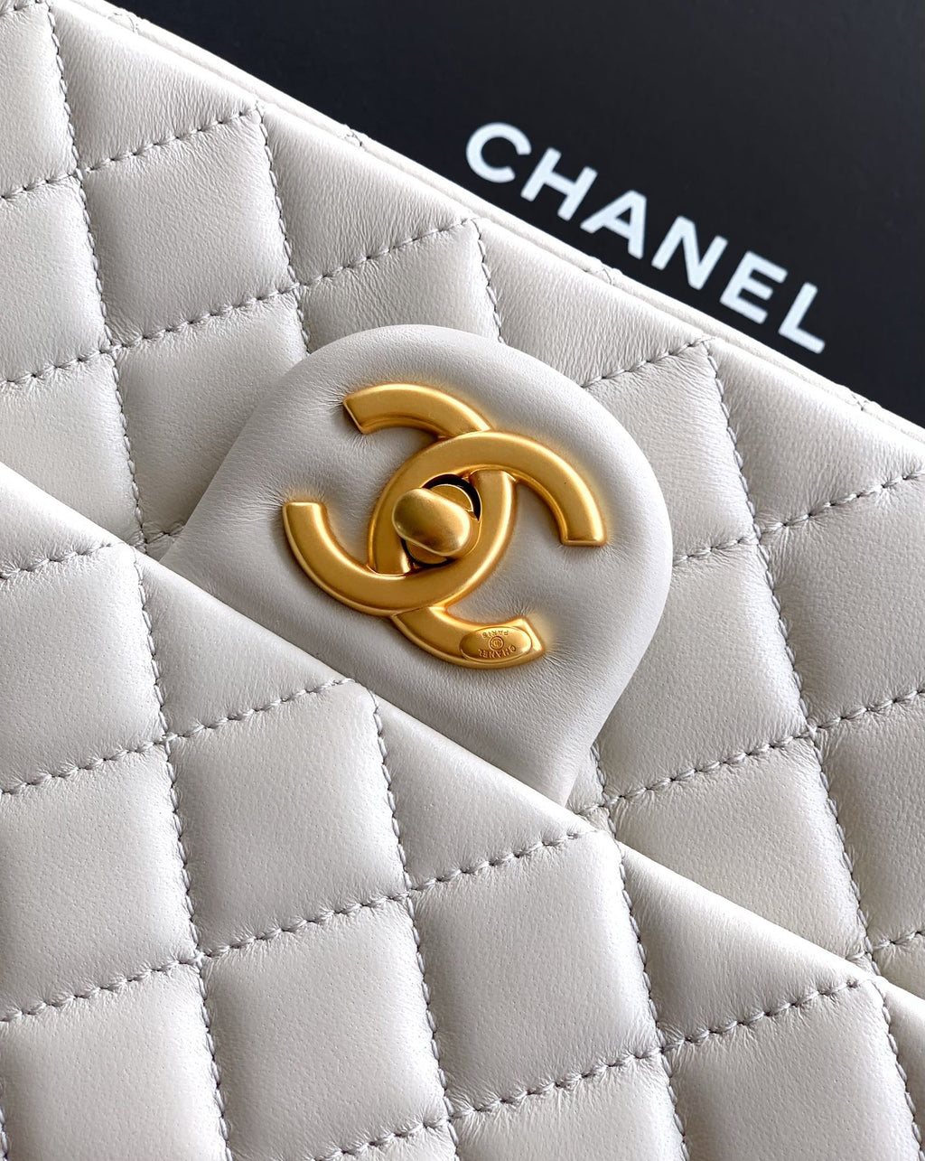 Chanel Classic Flap Large White Gold Hardware CC Charm