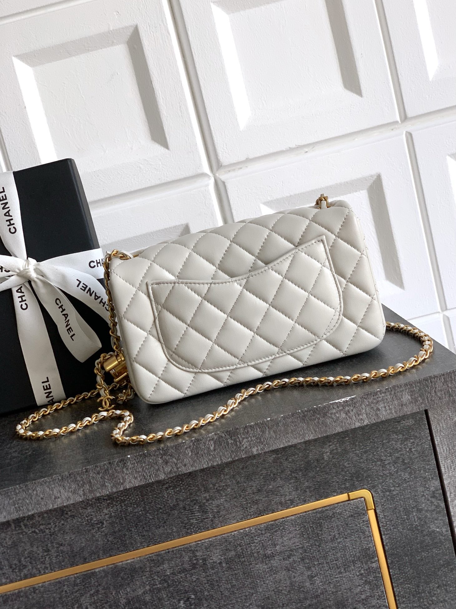 Chanel Classic Flap Medium White Gold Hardware CC Charm