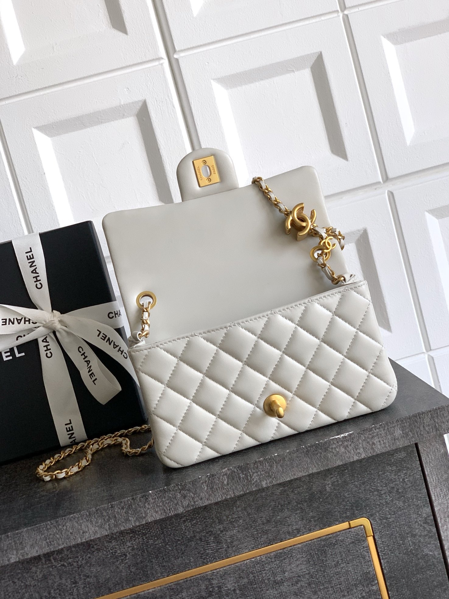 Chanel Classic Flap Medium White Gold Hardware CC Charm