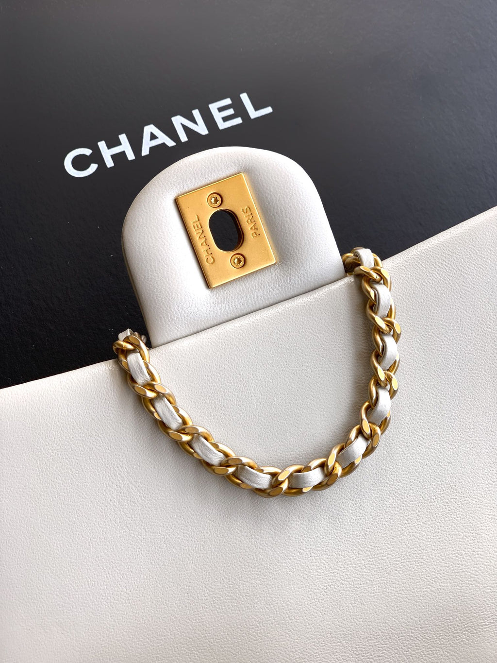 Chanel Classic Flap Medium White Gold Hardware CC Charm