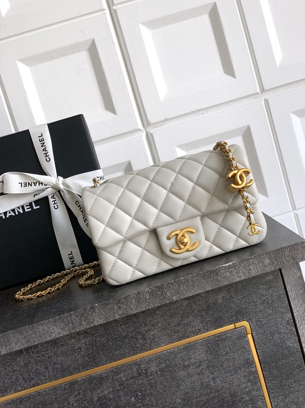 Chanel Classic Flap Small White Gold Hardware CC Charm