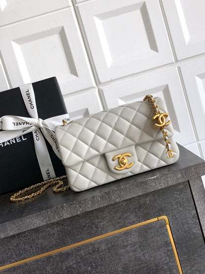 Chanel Classic Flap Small White Gold Hardware CC Charm