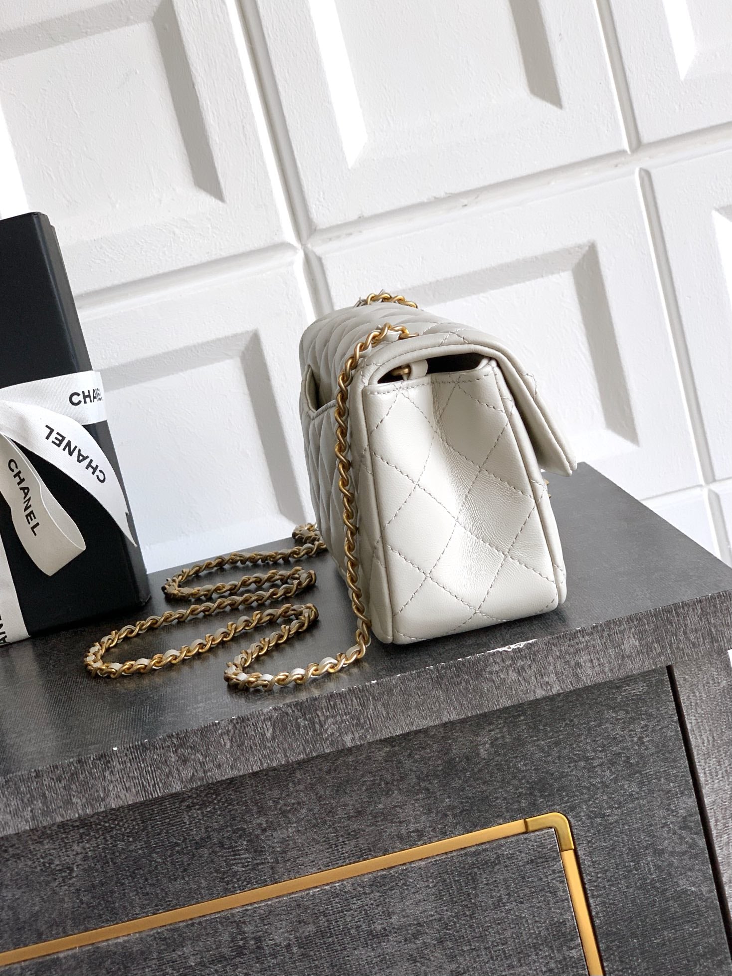 Chanel Classic Flap Small White Gold Hardware CC Charm