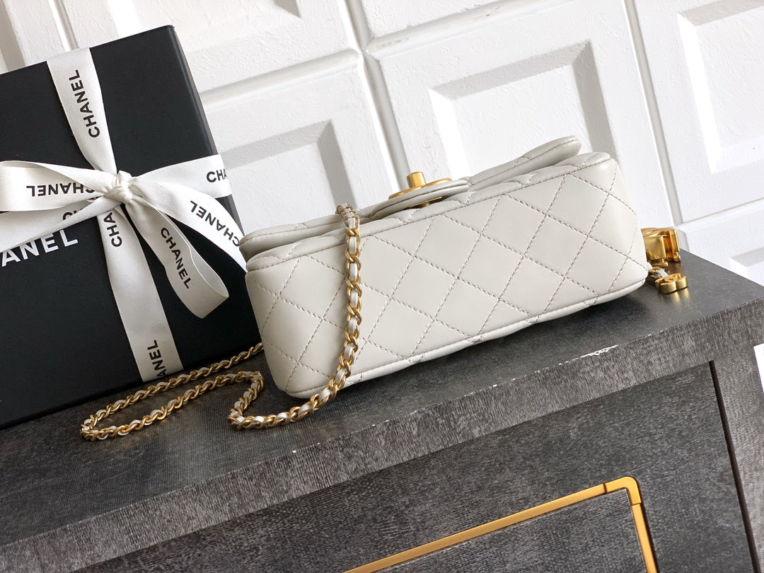 Chanel Classic Flap Small White Gold Hardware CC Charm