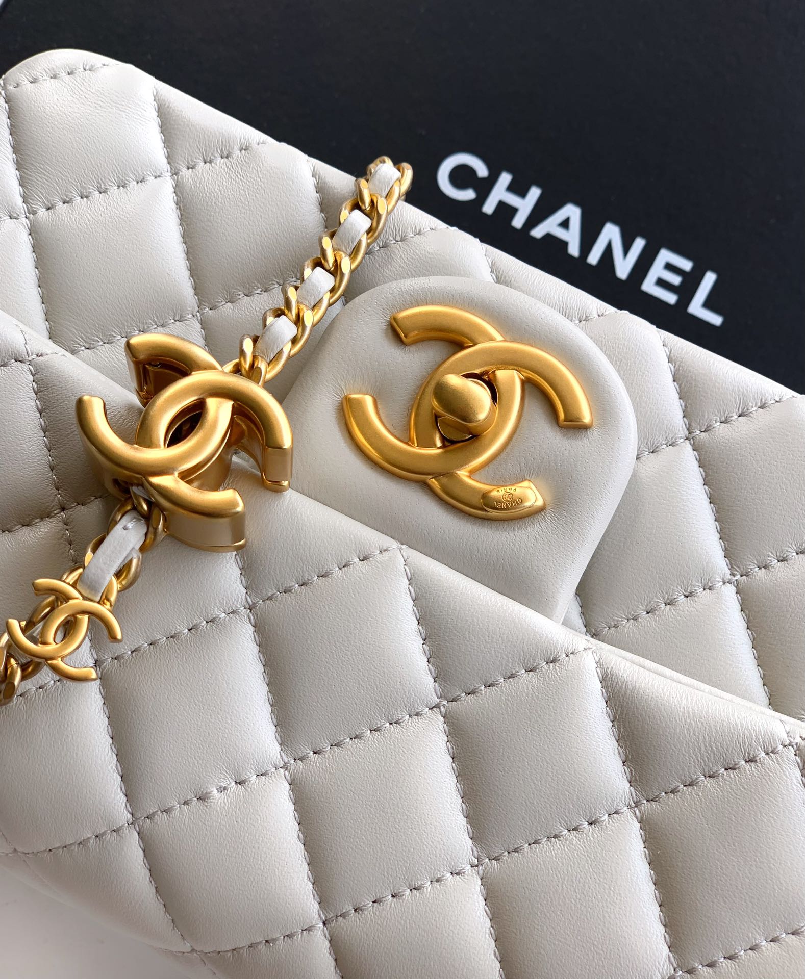 Chanel Classic Flap Small White Gold Hardware CC Charm