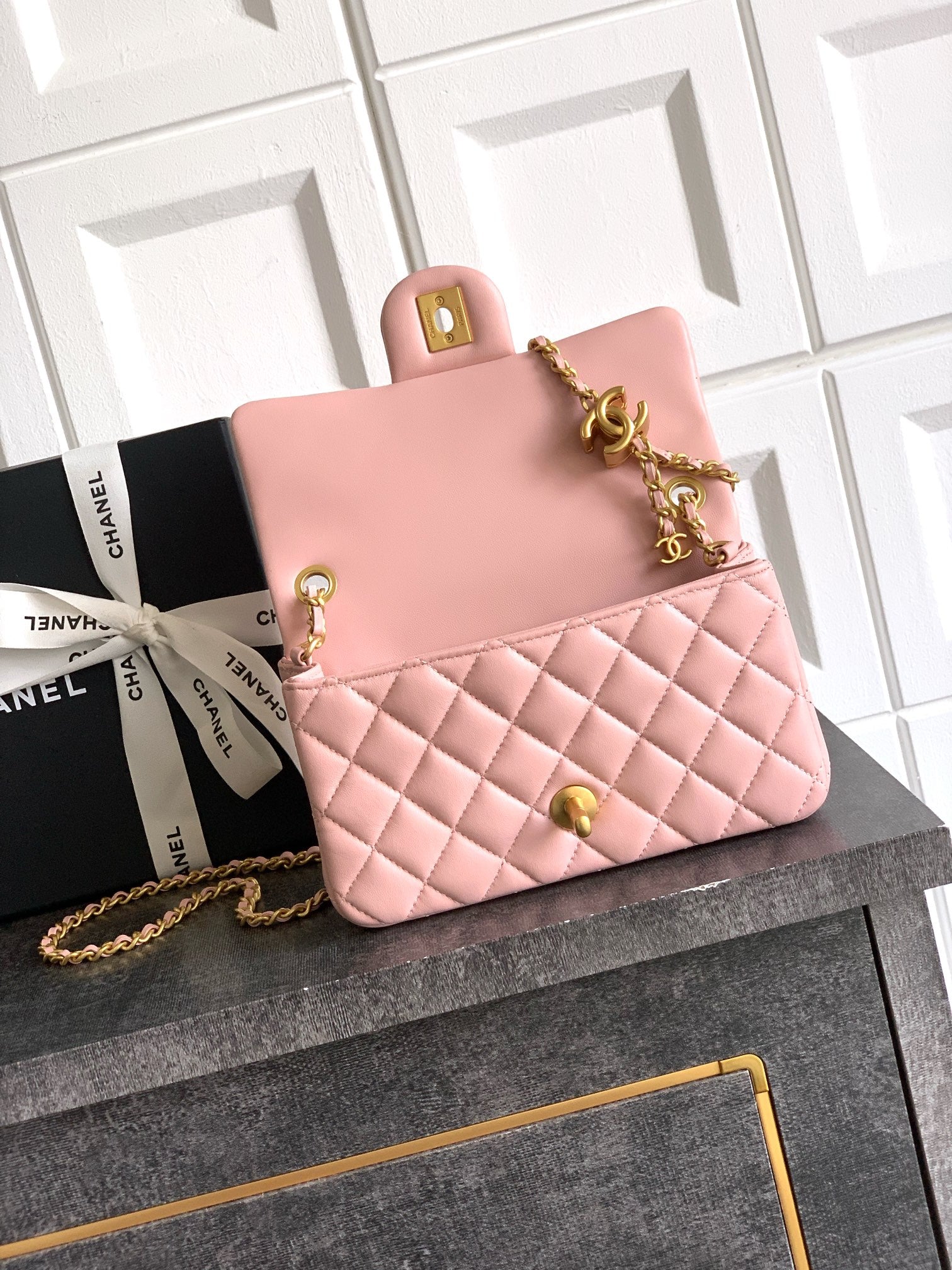 Chanel Classic Flap Medium Sakura Pink Gold Hardware CC Charm
