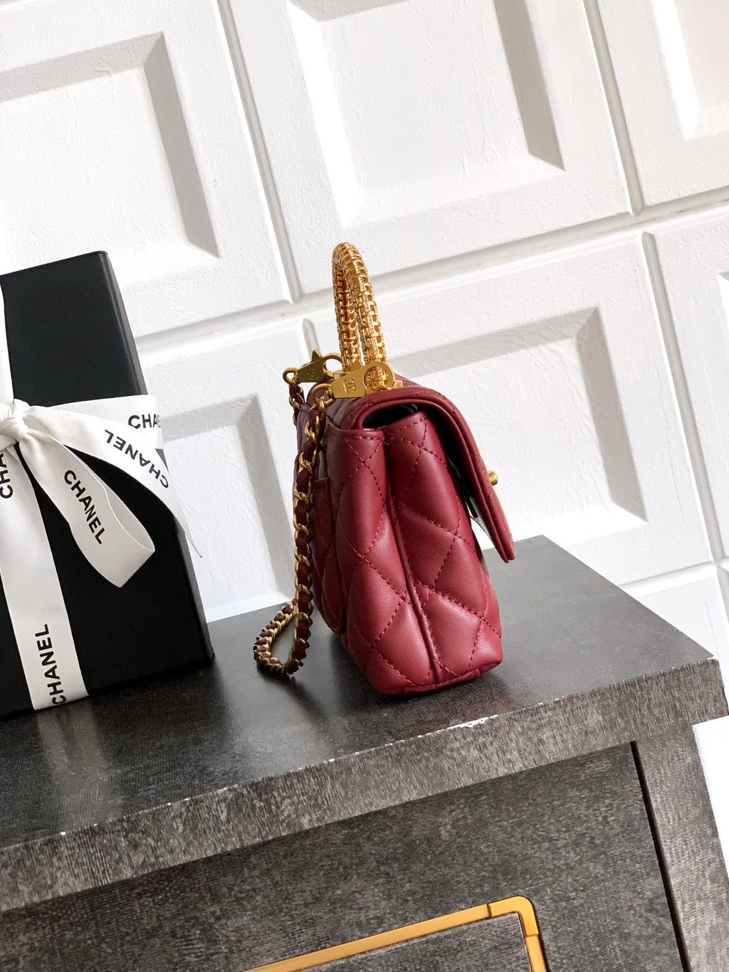 Chanel Coco Handle Small 14 Burgundy Gold Diamond Handle 25A