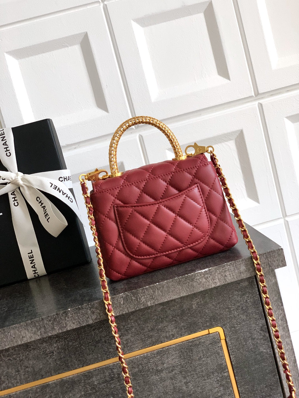 Chanel Coco Handle Small 14 Burgundy Gold Diamond Handle 25A