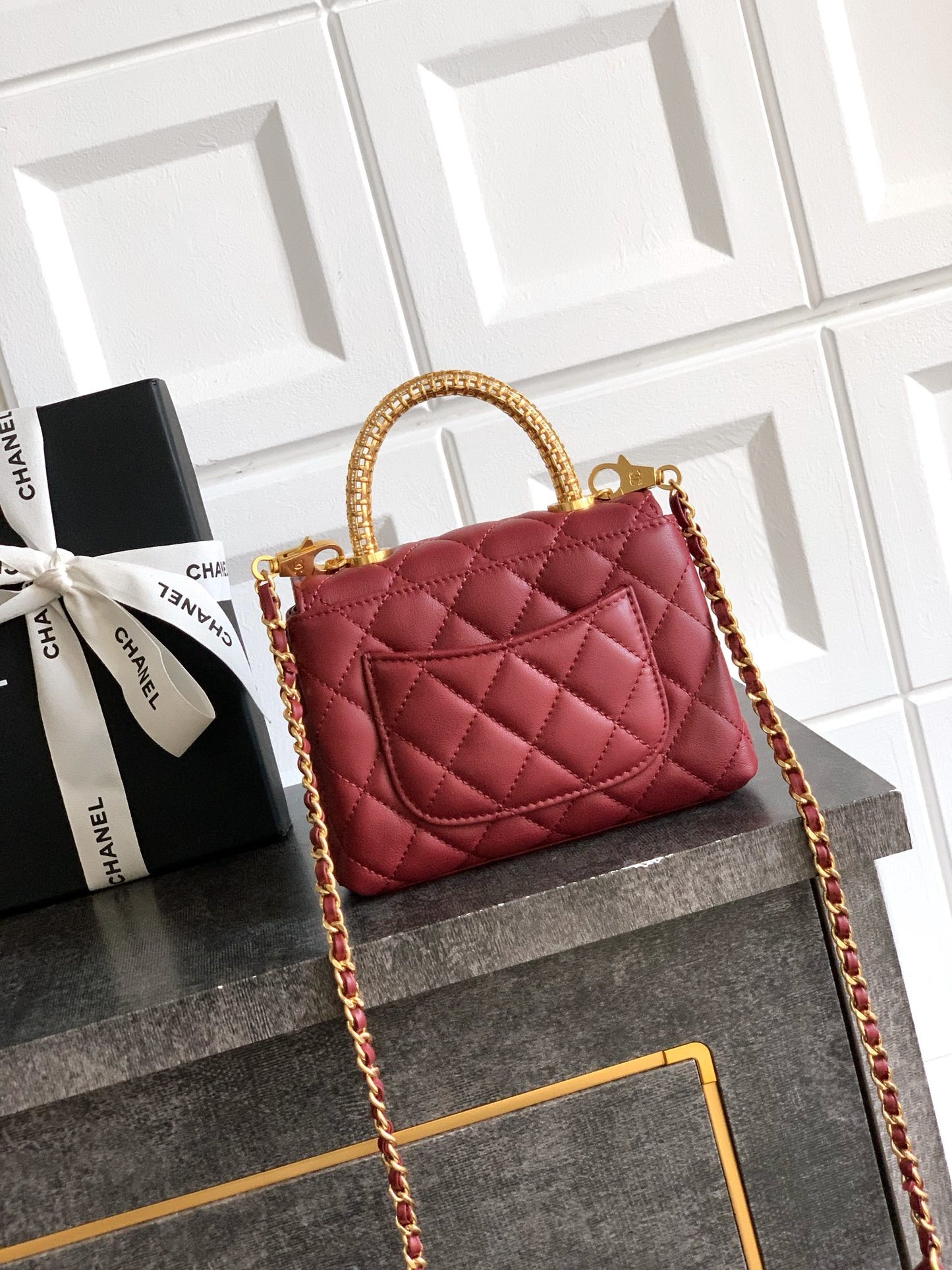 Chanel Coco Handle Small 14 Burgundy Gold Diamond Handle 25A