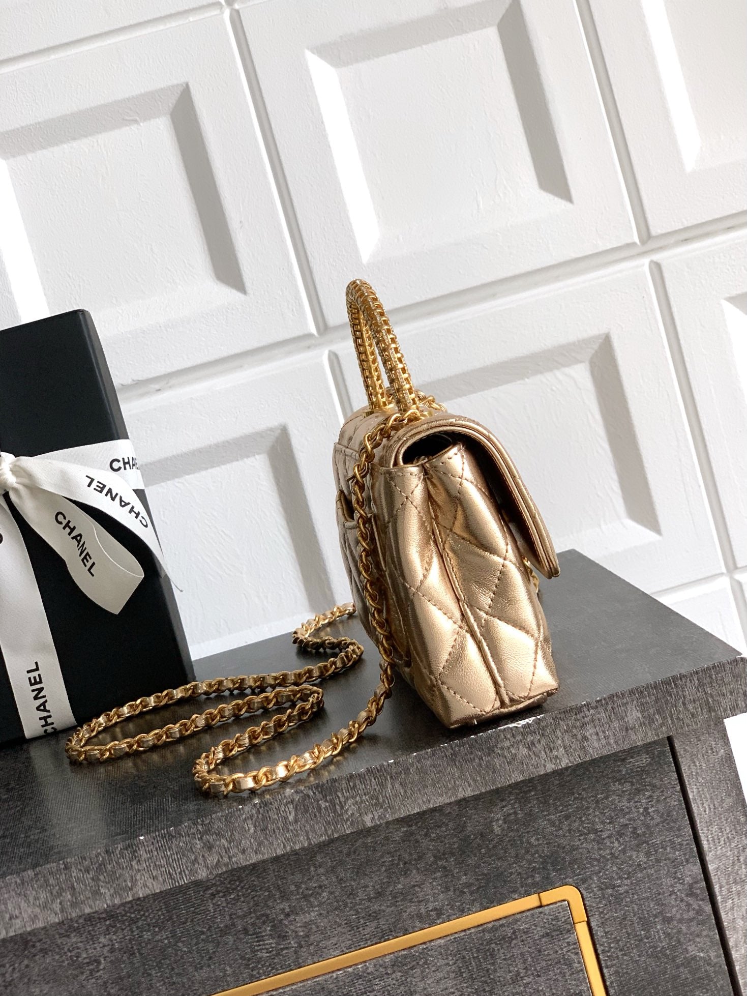 Chanel Coco Handle Small 14 Champagne Gold Diamond Handle 25A