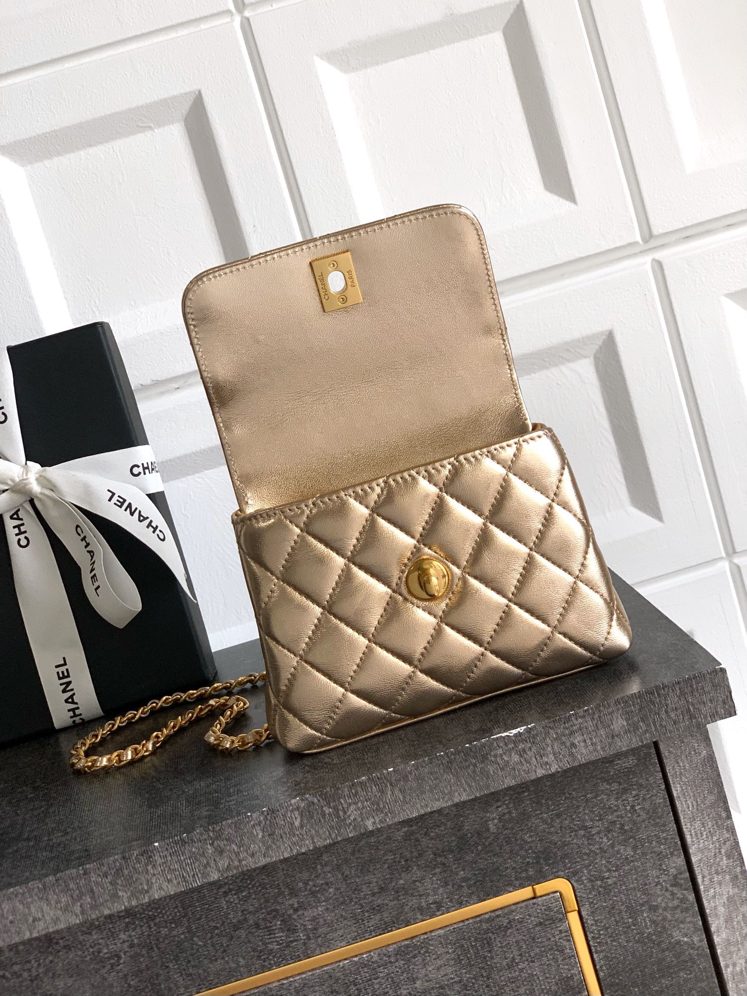 Chanel Coco Handle Small 14 Champagne Gold Diamond Handle 25A
