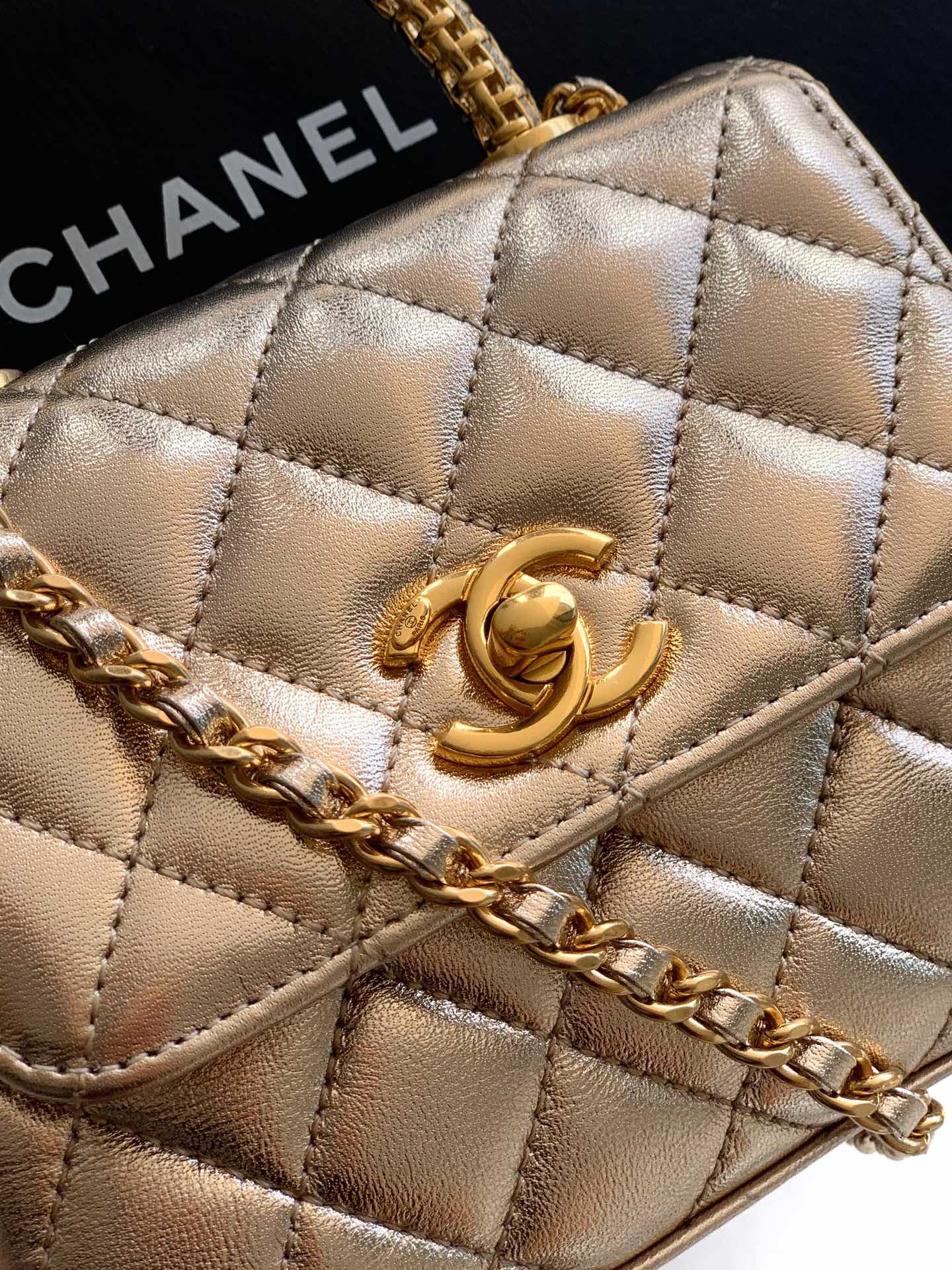 Chanel Coco Handle Small 14 Champagne Gold Diamond Handle 25A