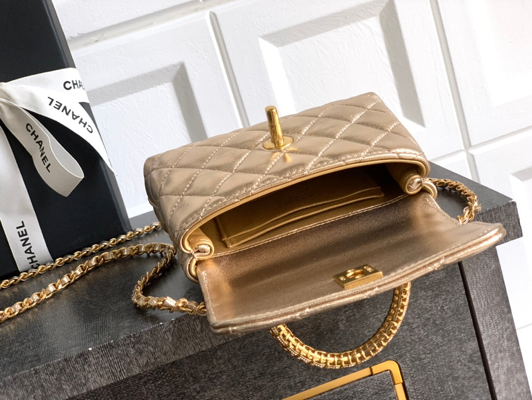 Chanel Coco Handle Small 14 Champagne Gold Diamond Handle 25A