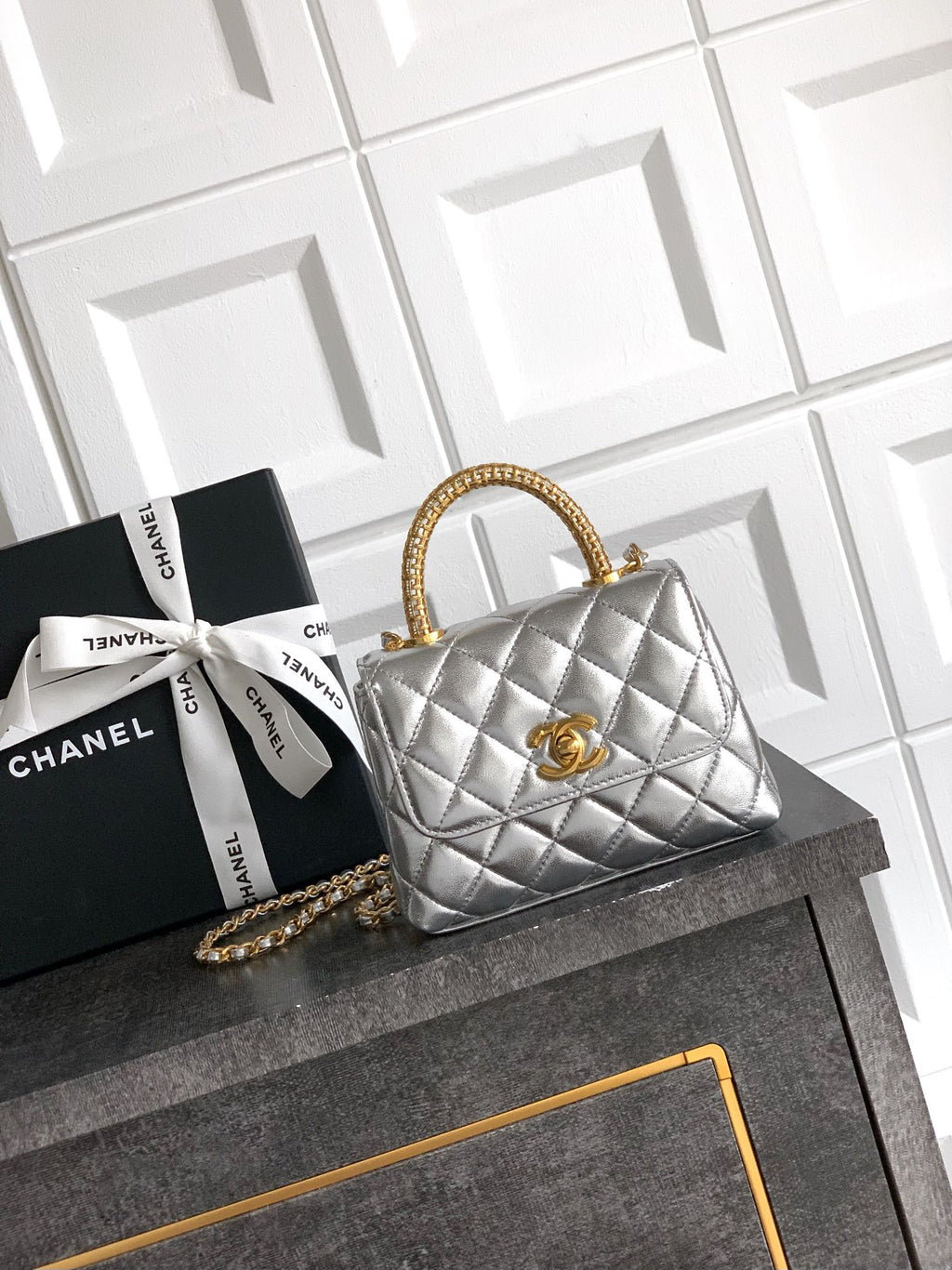 Chanel Coco Handle Small 14 Platinum Silver Gold Diamond Handle 25A