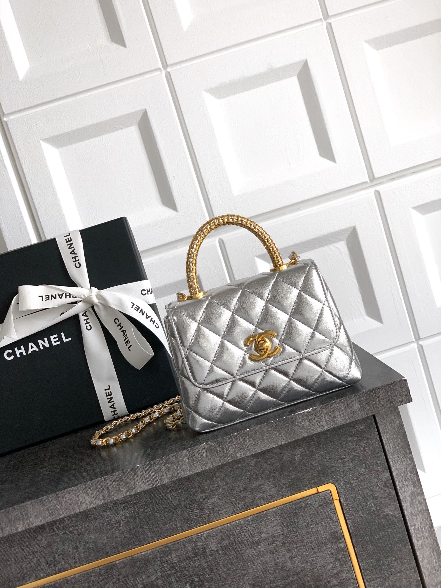 Chanel Coco Handle Small 14 Platinum Silver Gold Diamond Handle 25A