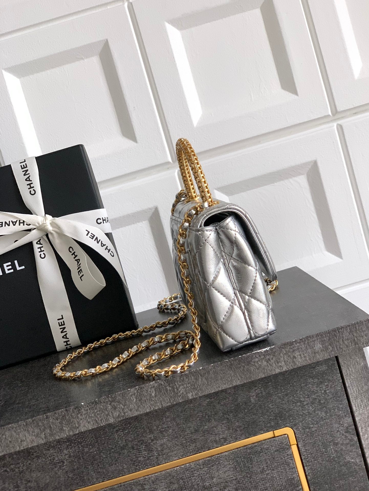 Chanel Coco Handle Small 14 Platinum Silver Gold Diamond Handle 25A