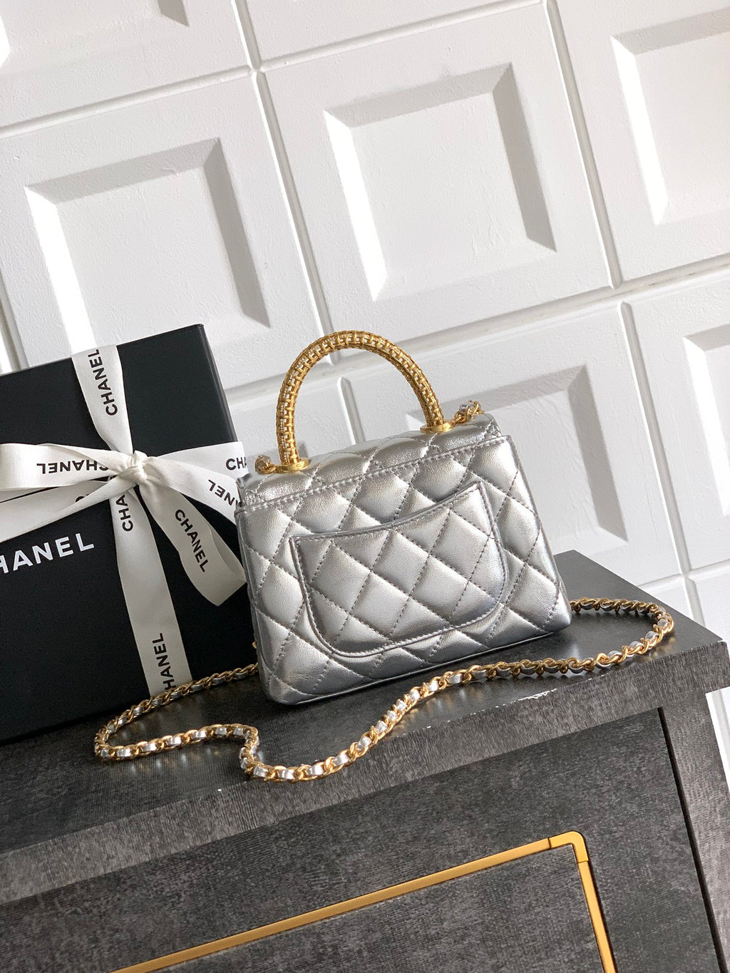 Chanel Coco Handle Small 14 Platinum Silver Gold Diamond Handle 25A