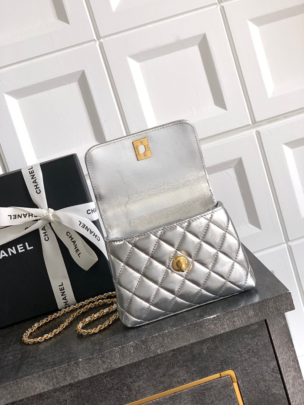Chanel Coco Handle Small 14 Platinum Silver Gold Diamond Handle 25A