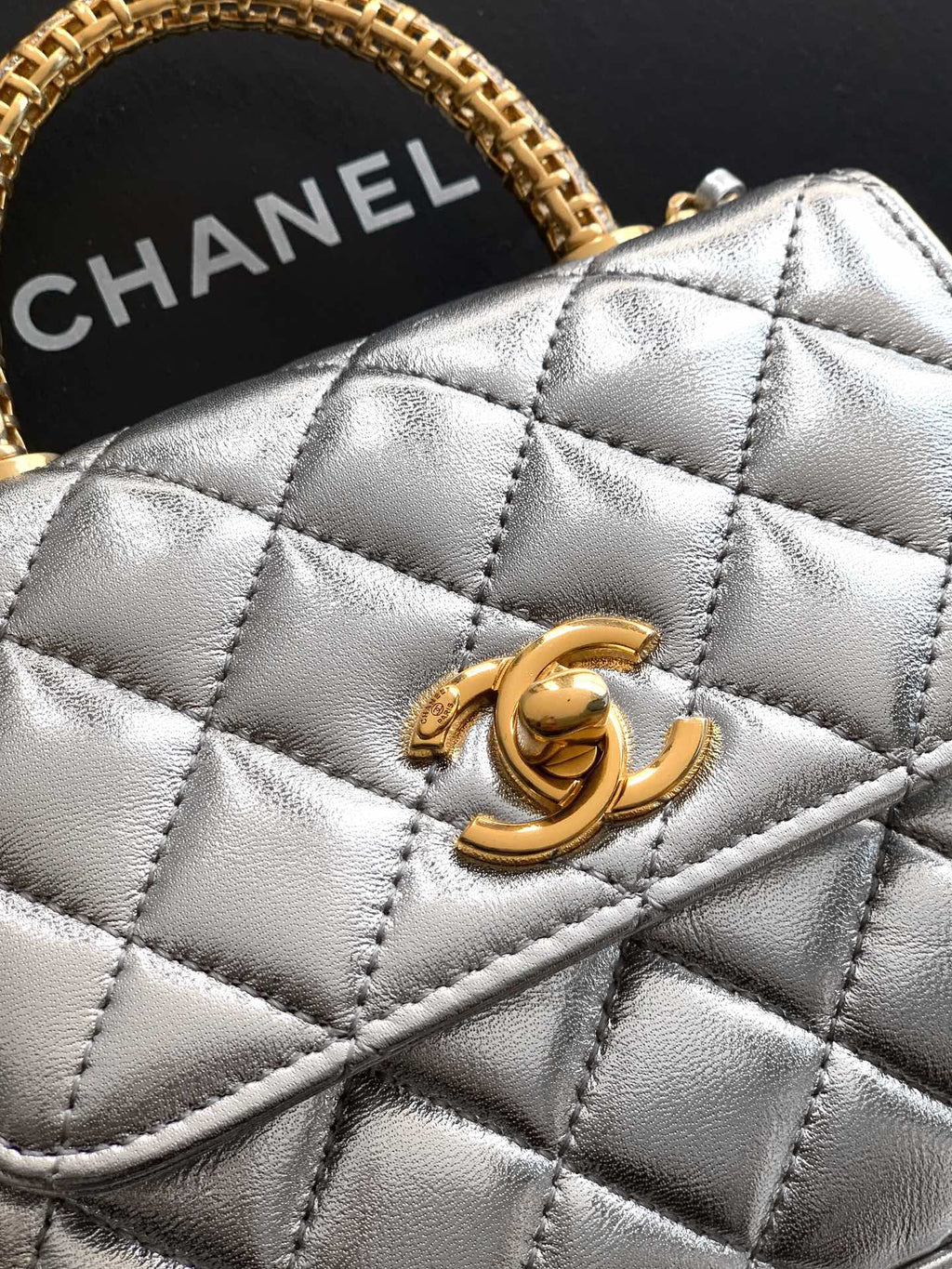Chanel Coco Handle Small 14 Platinum Silver Gold Diamond Handle 25A