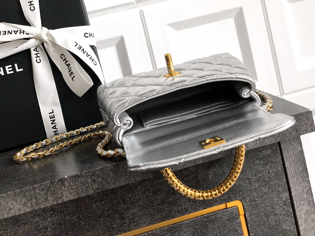 Chanel Coco Handle Small 14 Platinum Silver Gold Diamond Handle 25A