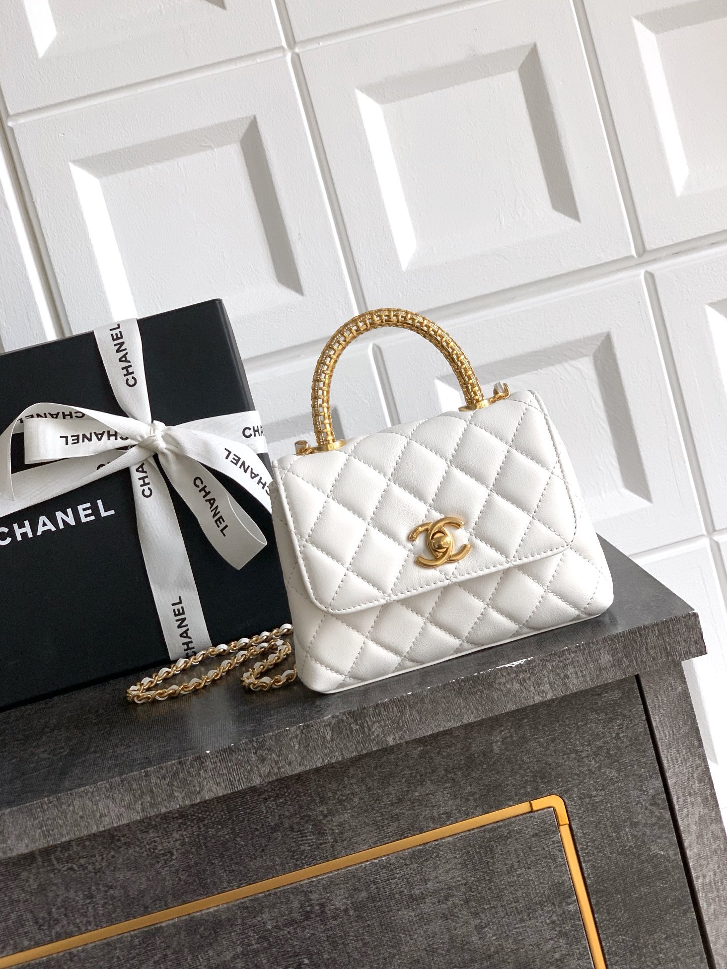 Chanel Coco Handle Small 14 Ivory White Gold Diamond Handle 25A